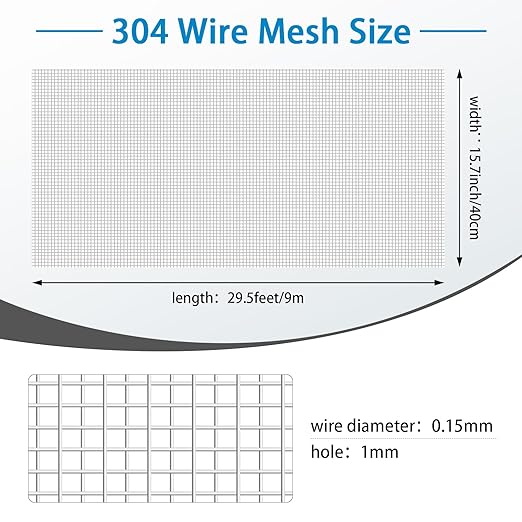 Landhoow 304 Stainless Steel Mesh Screen Wire Mesh Metal Mesh Screen Wire Mesh Screen Prevent Mouse Hornets Rodents Entering for Vent Cage Garden Window Filter (20 Mesh,15.7 Inch x 29.5 Ft)