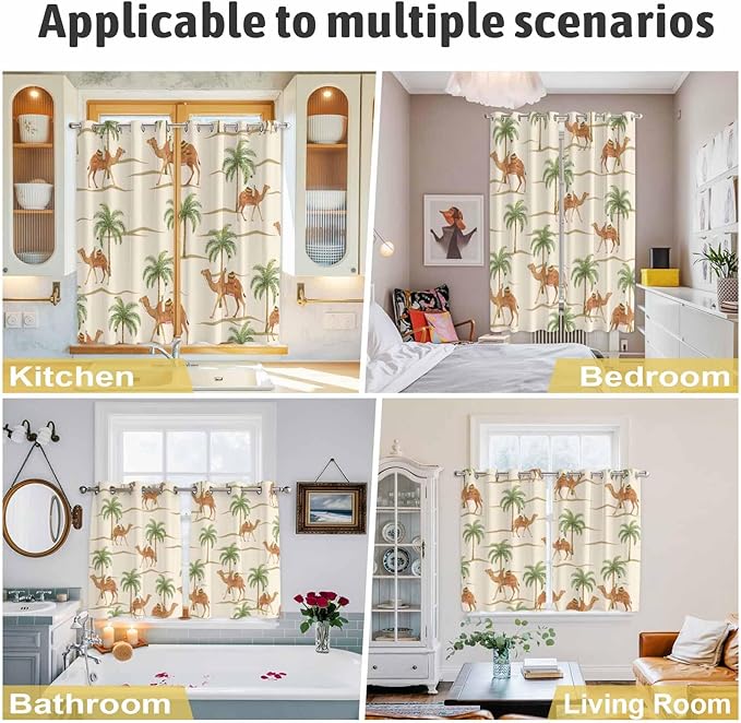 2 Panel Kitchen Cafe Curtains, Date Coconut Tree Sunlight Filtering Nature Air Through, Home Decor Window Covering Tier Curtains for Living Room 80W x 63L inch Desert Camels Botanical Tropical Beige