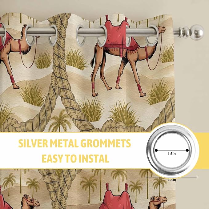 2 Panel Kitchen Cafe Curtains, Desert Camels Sunlight Filtering Nature Air Through, Home Decor Window Covering Tier Curtains for Living Room 80W x 84L inch Tropical Palm Trees Sand Cords Brown