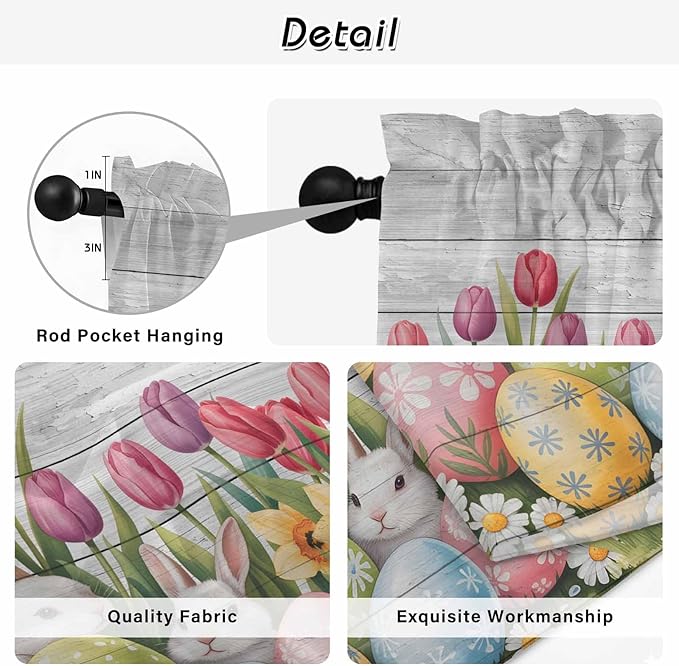 Easter Window Curtains 63 Inch Long 2 Panel Set, Rod Pocket Bedroom Curtains & Drapes, Retro Spring Bunny Eggs Tulip Farm Wooden Grain Light Filtering Window Treatment for Living Room 42"W x 63"L