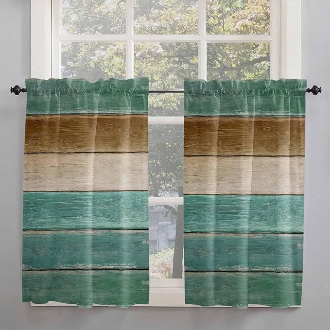 Vintage Plank Turquoise Brown Window Valance Curtains, Farmhouse Wood Grain Light Filtering Kitchen Valance with 3-inch Rod Pocket for Living Room Bathroom Bedroom,2 Panel,52x45In