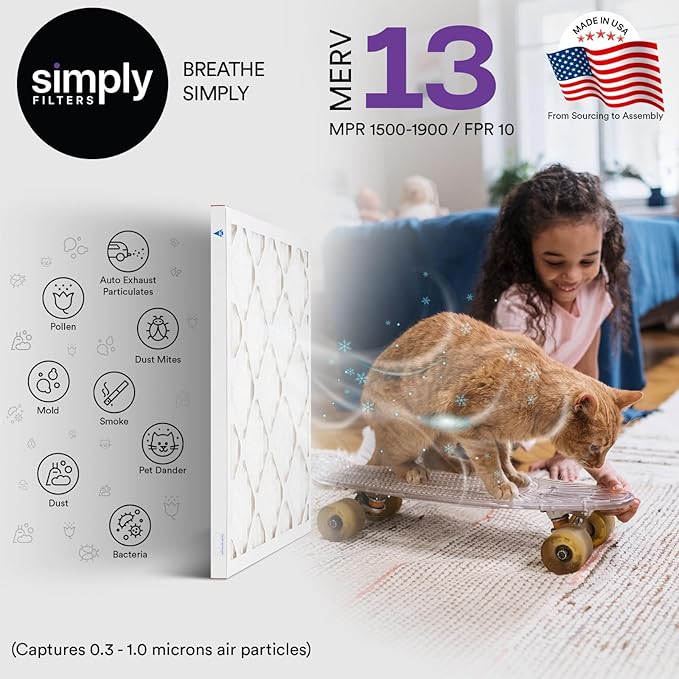 Simply 24x24x1 Air Filter, MERV 13, 6 Pack, For Home AC Furnace & HVAC (Actual Size: 23.75"x23.75"x0.75") DUST, Pet, & Allergy Control