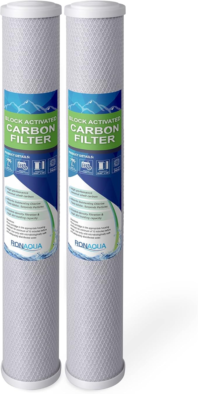Standard Whole House Coconut Shell Carbon Block 5 Micron Water Filter 20” x 2.5” Fits 20” x 2.5” Housings. Remove Chlorine and Bad Odor. Compatible with C1-20, HX-CB-25-2010, F3WCB32 Pack of 2