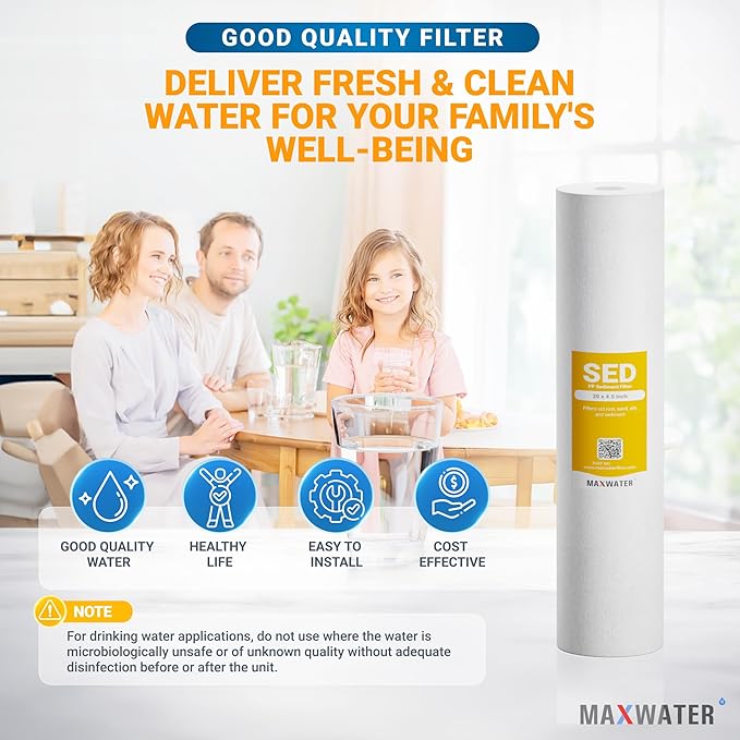 Max Water 5 Micron 20 x 4.5 Sediment Filter 20 inch Whole House BB Water Filteration System Replacement Compatible Cartridge DGD-5005-20, FP25B, AP810-6, FPMB5-20, P5-20, 155358-43, 6 Pack