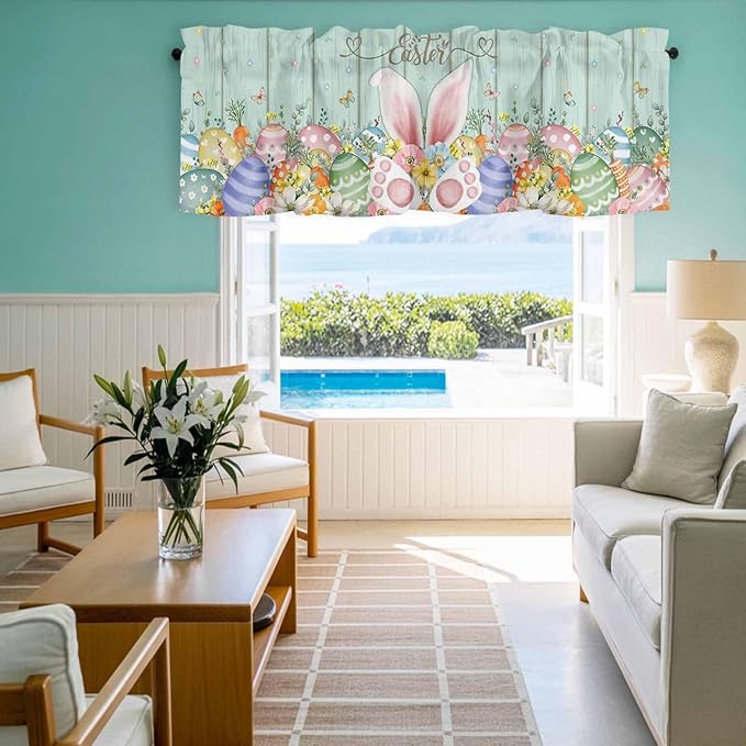 Easter Curtain Valances for Windows, Kitchen Valance Window Treatment, Spring Rabbit Ear Eggs Floral Green Wooden Grain Light Filtering Block Curtains for Bathroom/Bedroom/Living Room 42'' x 18''