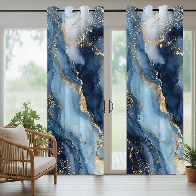 Marble Texture Outdoor Curtains for Patio Abstract Gradient Blue Golden Gorgeous Waterproof Outside Curtains with Grommet Top Weatherproof Curtain for Cabana Pergola Gazebo, 1 Panel, 54" W x 84" L
