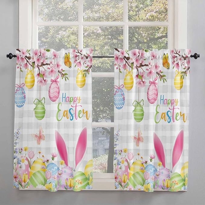Happy Easter Tier Curtains 45 Inches Long, Spring Watercolor Bunny Eggs Flower Grey Plaid Window Treatment Curtain Drapes, Window Half Privacy Curtains for Bedroom Bathroom, 42"x45", 2 Panels