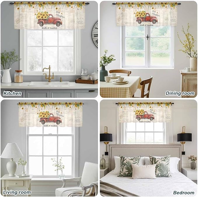 Farmhouses Sunflowers Sheer Valance Curtains, Retro Floral Leaves Red Truck Vintage Light Filtering Kitchen Valances Rod Pocket Voile Curtain Window Treatment for Bedroom/Living Room/Basement 42Wx18L
