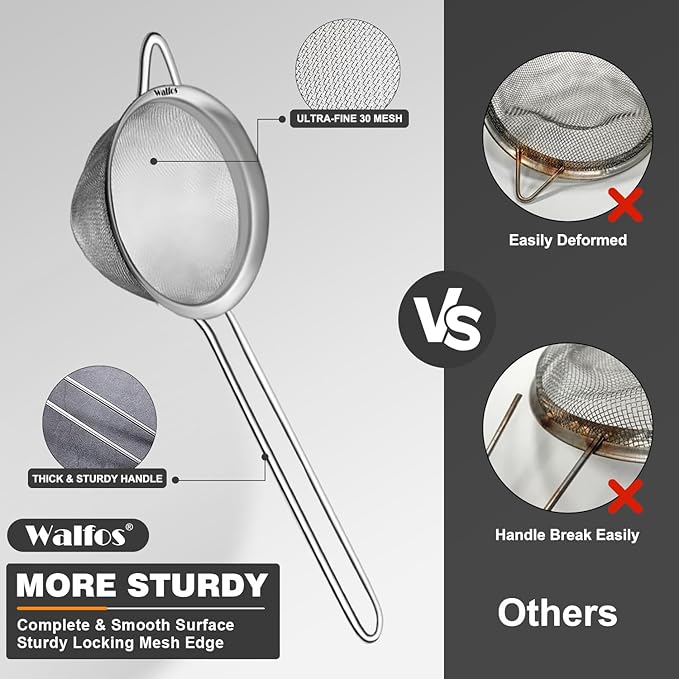 Walfos Small Fine Mesh Tea Strainer, Mini Stainless Steel Sieve with Handle, 2.7 Inch Kitchen Metal Sifter Strainers for Tea, Juicing, Coffee, Cocktail, Powdered Sugar, Matcha (2 Pack)