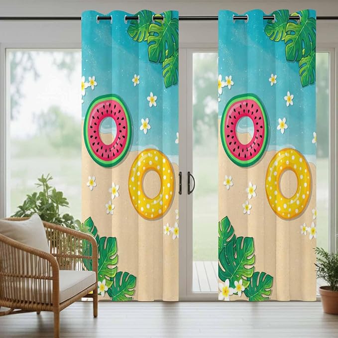 Summer Outdoor Curtains for Patio Plumeria Swimming Circles Ocean Beach Waterproof Outside Curtains with Grommet Top Weatherproof Curtain for Cabana Pergola Gazebo, 2 Pack, 54" W x 84" L