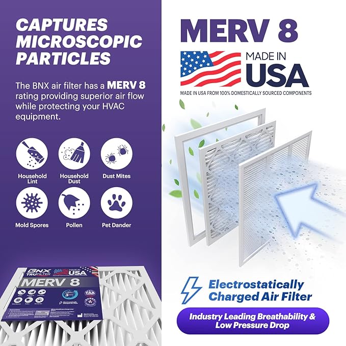 BNX TruFilter 20x23x1 Air Filter MERV 8 (6-Pack) - MADE IN USA – Dust & Pet Defense Electrostatic Pleated Air Conditioner HVAC AC Furnace Filters for Dust, Pet, Mold, Pollen MPR 600 – 700 & FPR 5
