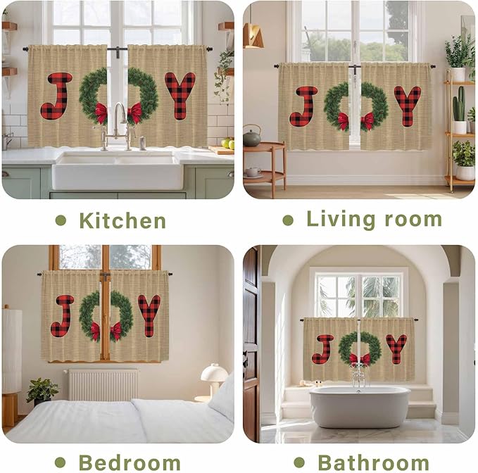Red Green Christmas Kitchen Curtains 45 Inch Long 2 Panel Set, Rod Pocket Window Treatment, Xmas Botanical Winter Farmhouse Light Filtering Short Curtains & Drapes for Bathroom Laundry 52"W x 45"L