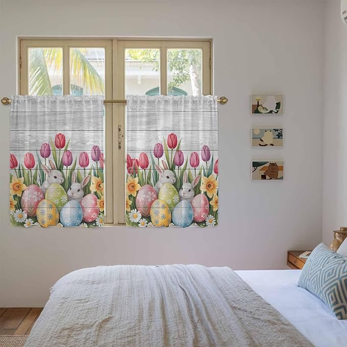 Easter Kitchen Curtains 45 Inch Long 2 Panel Set, Rod Pocket Window Treatment, Retro Spring Bunny Eggs Tulip Farm Wooden Grain Light Filtering Panels Short Drapes for Bathroom Camper 42"W x 45"L