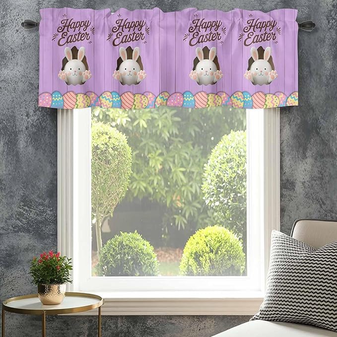 Purple Easter Curtain Valances for Windows, Kitchen Valance Window Treatment, Spring Cartoon Bunny Colorful Eggs Wood Grain Light Filtering Block Curtains for Bathroom/Bedroom/Living Room 42'' x 18''