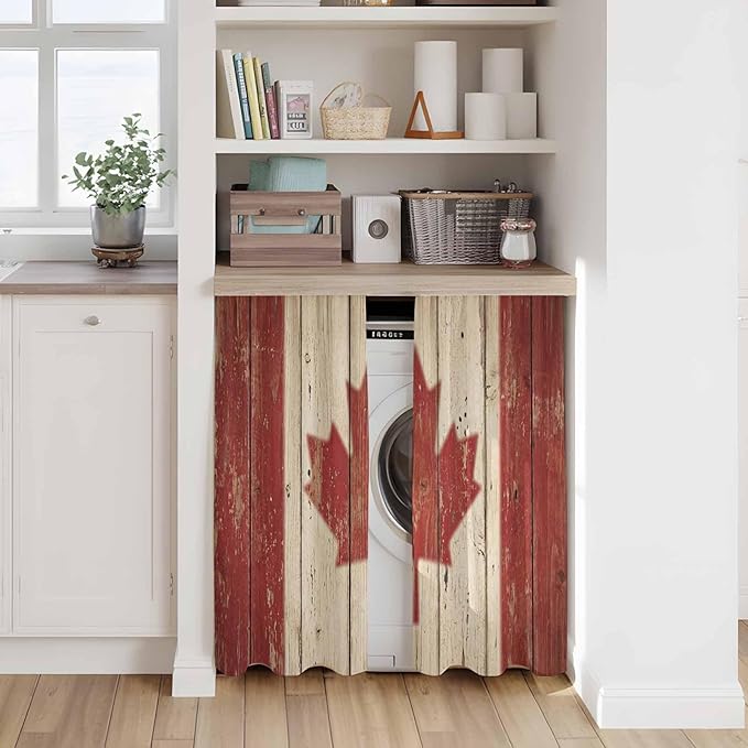 Canada Kitchen Curtains, Red Maple Leaf Flag Vintage Farmhouse Wooden Grain Light Filtering Window Curtain Panels, 2Pcs Rod Pocket Window Treatments Set for Study Room Bathroom Bedroom 52x54 Inches