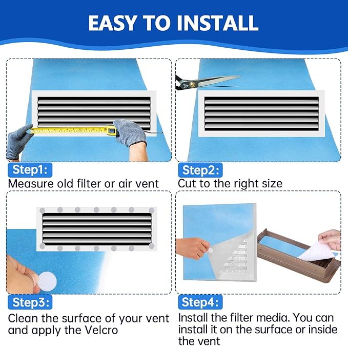 Air Vent Filters Roll,12" x90" Cut to Fit Air Filter Material(60+Filters),MERV 8 Triple Filtration Electrostatic Vent Filter for Home Floor,Ceiling,Furnace, AC & HVAC-Includes 48 Adhesive Hook Tape