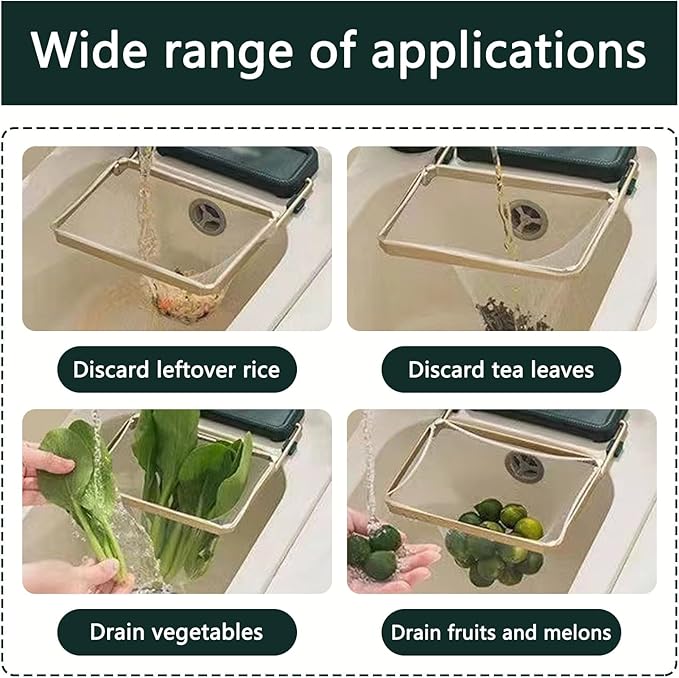 Kitchen Food Waste Filter Basket with 50Pcs Mesh Bag Collapsible Residue Filter Screen Holder Square Bracket Corner Hanging Drain Rack Sink Strainer Green 1pcs