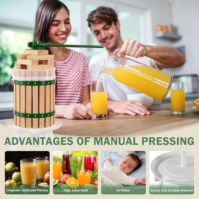 CAELUM Fruit Wine Press, 1.6 Gallon Wood Fruit and Cider Press Squeezer With T-Handle, Juice Maker, Wine Making Press Squeezer for Outdoor, Kitchen（Green）