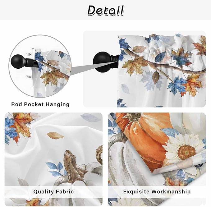 Navy Blue Pumpkin Fall Kitchen Curtains 54 Inch Long 2 Panel Set,Rod Pocket Window Curtains Panels,Thanksgiving Maple Leaves Branches Light Filtering Privacy Draperies for Bedroom Laundry 42"W x 54"L