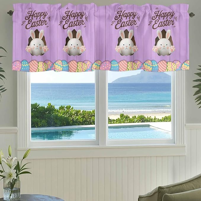 Purple Easter Curtain Valances for Windows, Kitchen Valance Window Treatment, Spring Cartoon Bunny Colorful Eggs Wood Grain Light Filtering Block Curtains for Bathroom/Bedroom/Living Room 42'' x 18''