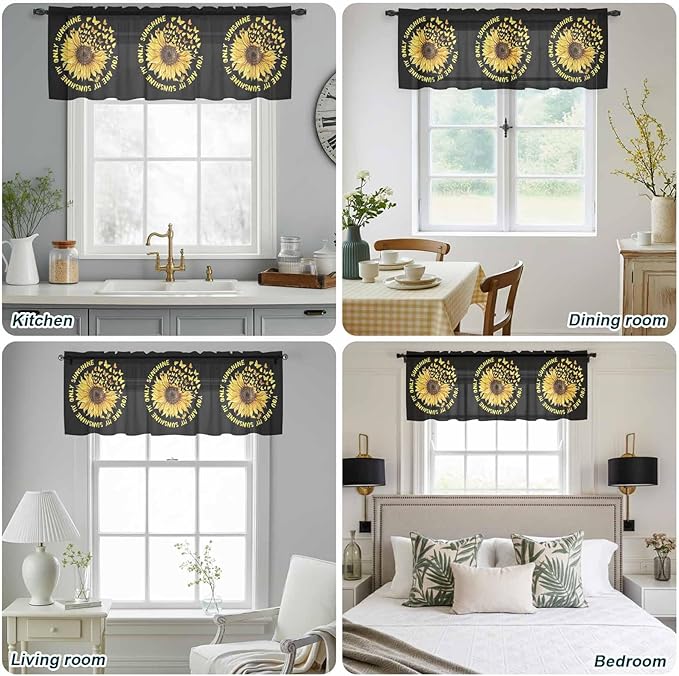 YOU ARE MY SUNSHINE Sheer Valance Curtains, Summer Sunflowers Golden Gradient Butterflies Light Filtering Kitchen Valances Rod Pocket Voile Curtain Treatment for Bedroom/Living Room/Basement 42Wx18L