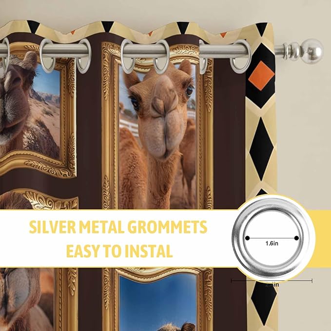2 Panel Kitchen Cafe Curtains, Wildlife Camels Sunlight Filtering Nature Air Through, Home Decor Window Covering Tier Curtains for Living Room 104W x 84L inch Deserts Animals Brown Geometric Rustic