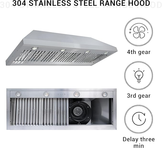 CHETTO C Stainless Steel Range Hood Cover with 4-Speed Vent Hood Insert Custom Handmade Metal Kitchen Fan with Towel Rack LED Light 48"W x27"D x42"H Black Island Mount