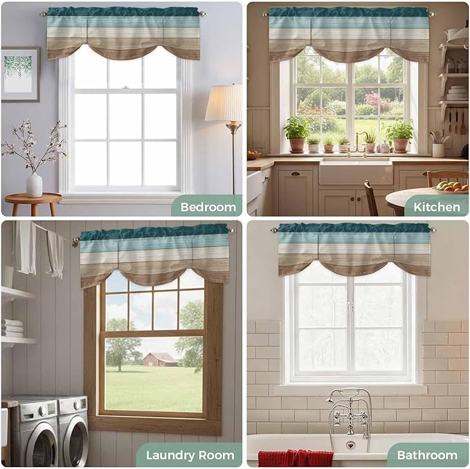 Teal Brown Tie Up Valance Curtains for Windows, Kitchen Curtains Window Shades, Farmhouse Vintage Abstract Wooden Grain Light Filtering Roman Curtain Valances for Bedroom/Bathroom/Cafe 54"x18"