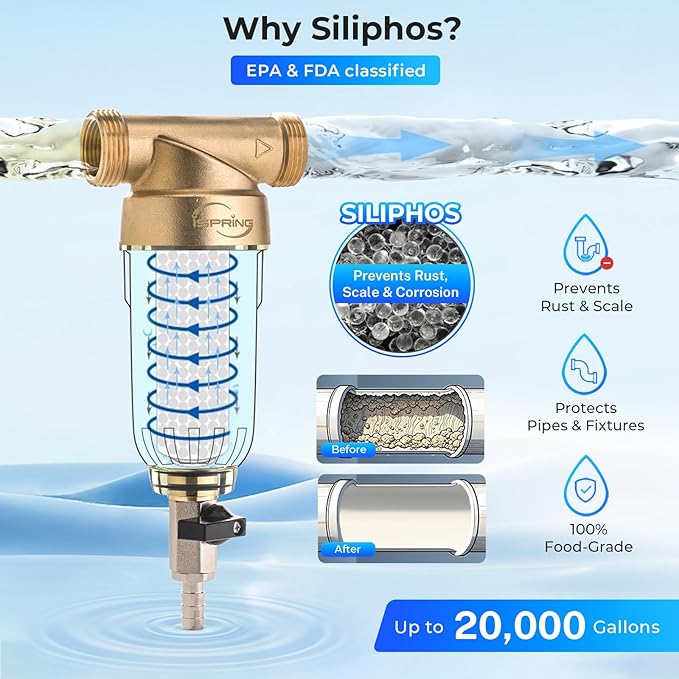 iSpring WSP-100SL Reusable Whole House Spin Down Sediment Water Filter, Siliphos Helps Prevent Scale and Corrosion, 1" MNPT + 3/4" FNPT, 100 Micron