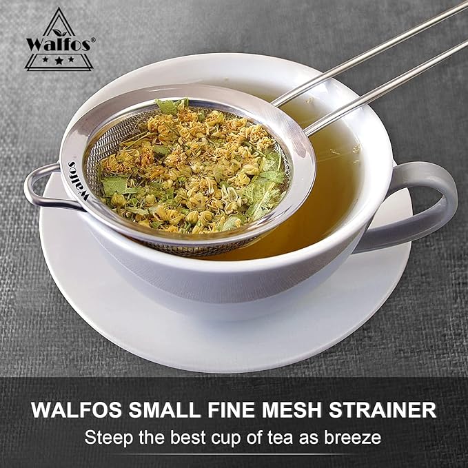 Walfos Fine Mesh Strainer 4PCS, Versatile Kitchen Strainer with Handle - 7", 4.6", 3.15", 2.7" Sieve Fine Mesh Stainless Steel, Metal Strainers and Sifters for Rice, Quinoa, Tea, Cocktail, Juice