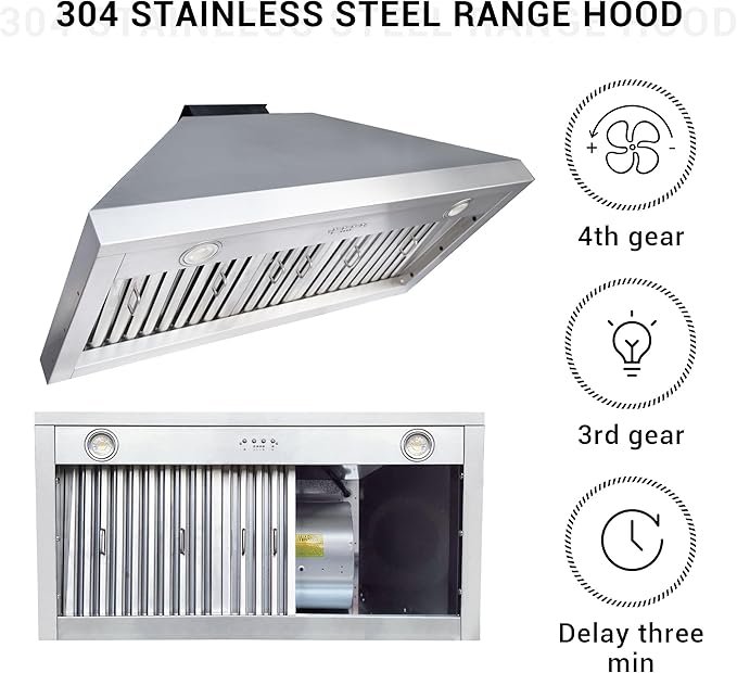 CHETTO C Stainless Steel Range Hood Cover with 4-Speed Vent Hood Insert Custom Handcrafted Metal Kitchen Fan with Towel Rack LED Light 36"W x24"D x21"H White Wall Mount