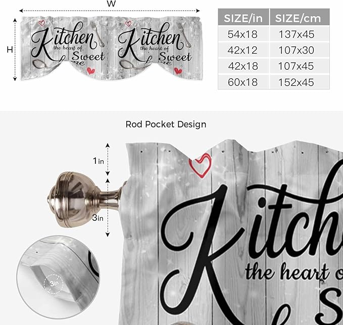 Kitchen Knife Fork Tie Up Valance Curtains for Windows, Kitchen Curtains Window Shades, Vintage Love Heart Grey Wood Grain Light Filtering Roman Curtain Valances for Bedroom/Bathroom/Cafe 42"x12"