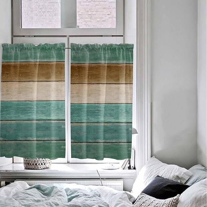Vintage Plank Turquoise Brown Window Valance Curtains, Farmhouse Wood Grain Light Filtering Kitchen Valance with 3-inch Rod Pocket for Living Room Bathroom Bedroom,2 Panel,52x45In