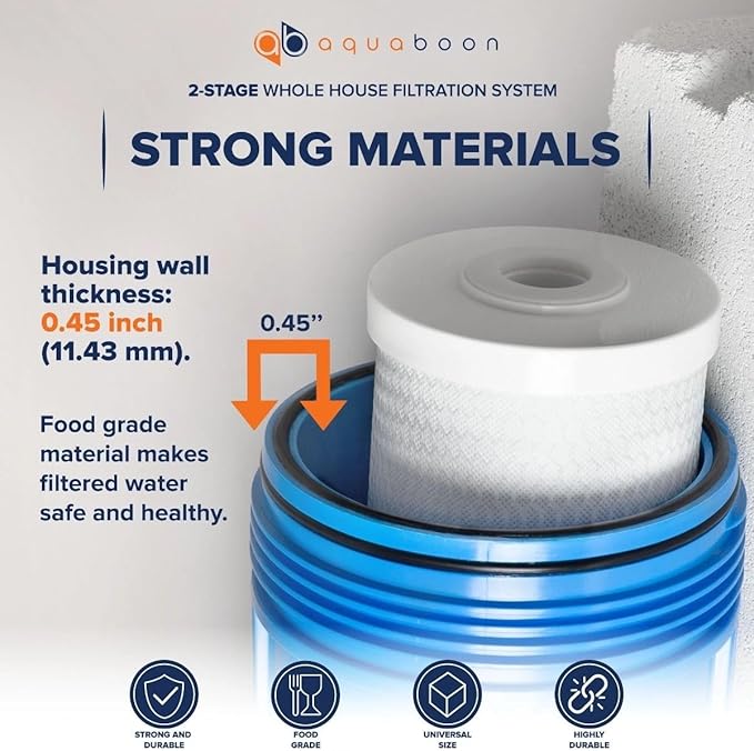 Aquaboon 2-Stage Water Filter System for Well Water w/ 20x4.5 Iron & Manganese, Sediment Filters, Pressure Gauges & Release, Wrench, Iron Bracket