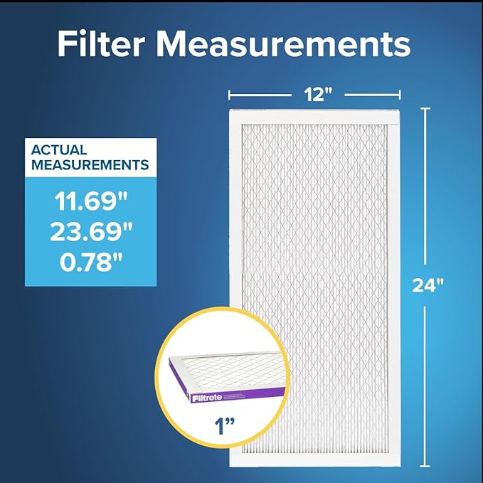 Filtrete 12x24x1 AC Furnace Air Filter, MERV 12, MPR 1500, CERTIFIED asthma & allergy friendly, 3 Month Pleated 1-Inch Electrostatic Air Cleaning Filter, 6-Pack (Actual Size 11.69x23.69x0.78 in)
