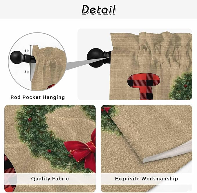 Red Green Christmas Window Curtains 72 Inch Long 2 Panel Set, Rod Pocket Long Curtains & Drapes, Xmas Botanical Winter Farmhouse Light Filtering Window Treatment for Bedroom Living Room 52"W x 72"L