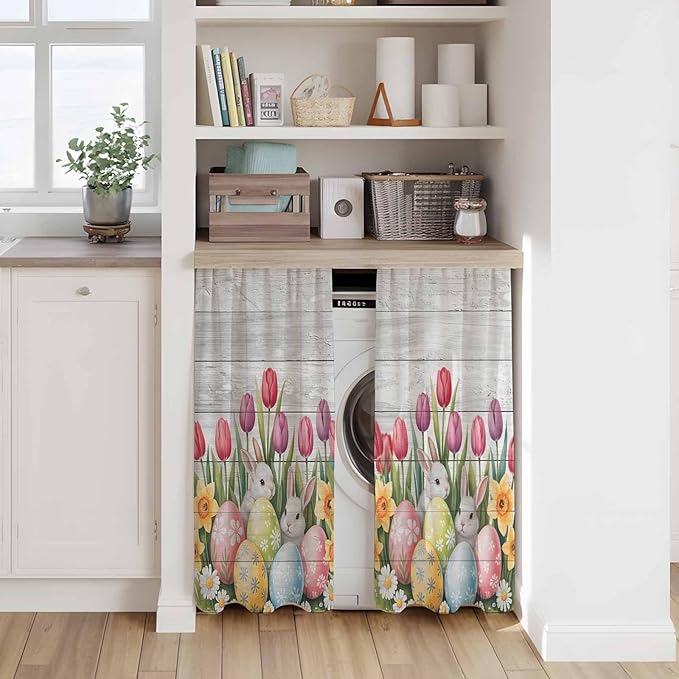 Easter Kitchen Curtains 45 Inch Long 2 Panel Set, Rod Pocket Window Treatment, Retro Spring Bunny Eggs Tulip Farm Wooden Grain Light Filtering Panels Short Drapes for Bathroom Camper 42"W x 45"L