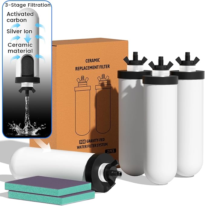 8.46-Inch 3-stage filtration Ceramic Purification Elements NSF/ANSI 42&372 Certified,Replacement for Berkey® BB9-2® PF-2® Filter Element ProOne® Berkey® Big+ Gravity Water Filter System(4Pack)