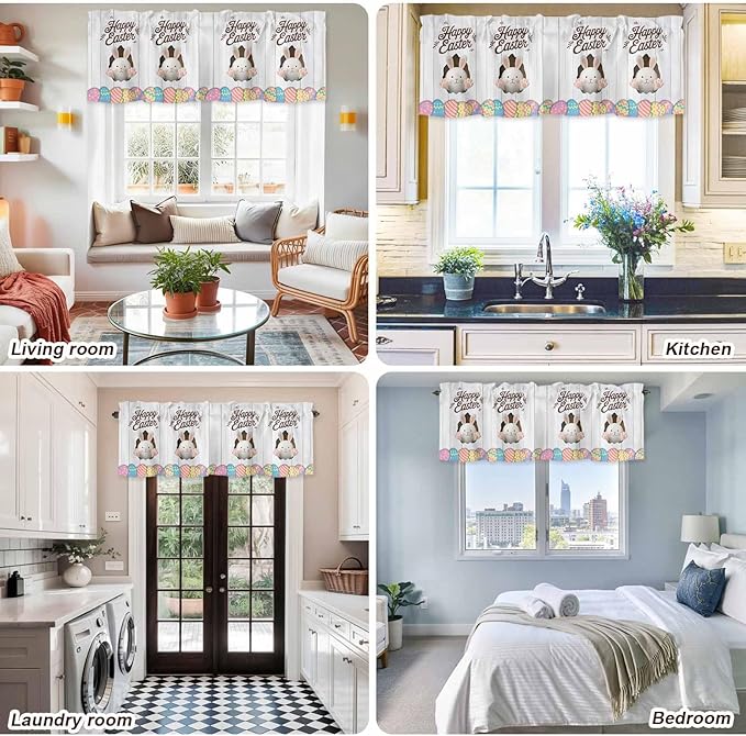 Grey Easter Curtain Valances for Windows, Kitchen Valance Window Treatment, Spring Cartoon Bunny Colorful Eggs Wood Grain Light Filtering Block Curtains for Bathroom/Bedroom/Living Room 60'' x 18''