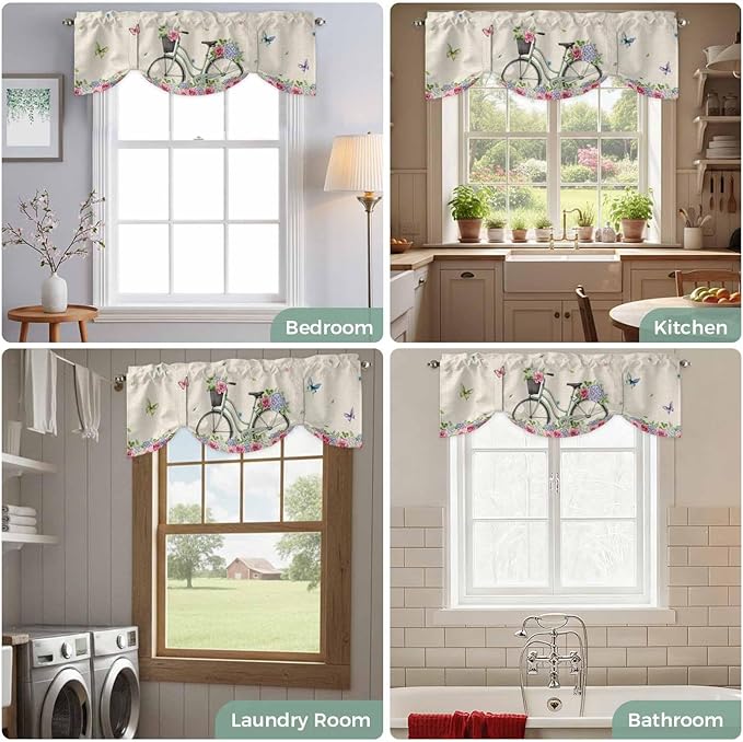 Farmhouse Spring Tie Up Valance Curtains for Windows, Kitchen Curtains Window Shades, Retro Bicycles Flowers Vines Butterfly Light Filtering Roman Curtain Valances for Bedroom/Bathroom/Cafe 60"x18"
