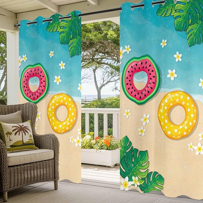 Summer Outdoor Curtains for Patio Plumeria Swimming Circles Ocean Beach Waterproof Outside Curtains with Grommet Top Weatherproof Curtain for Cabana Pergola Gazebo, 2 Pack, 54" W x 84" L