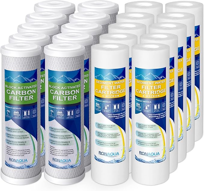 10 Standard Coconut Shell Block Carbon & 10 Four Layers of Filtration Polypropylene Sediment 5 Micron 2.5"x 10" Water Filter Cartridges Universal replacement for Reverse Osmosis & Standard 10” Housing