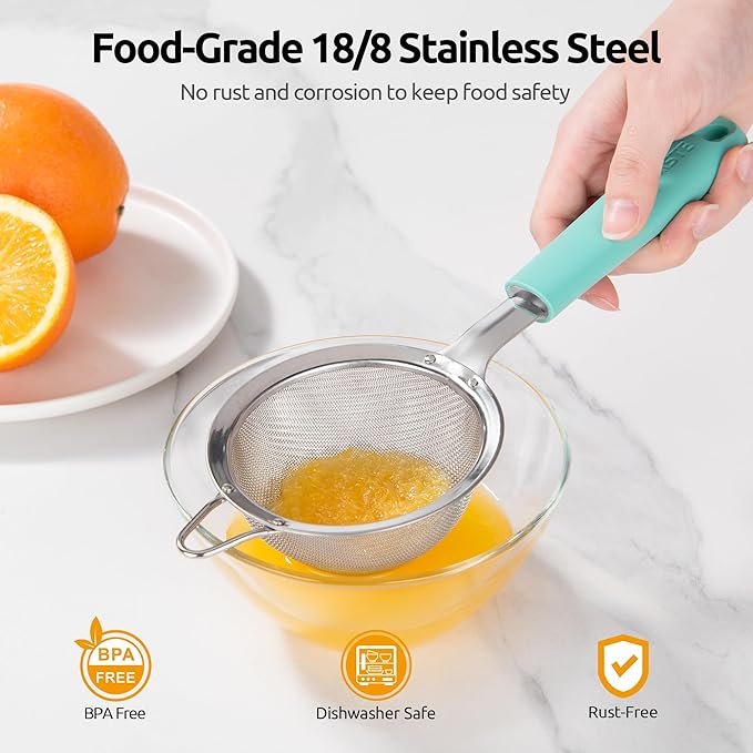 U-Taste Small Fine Mesh Strainer: 18/8 Stainless Steel 3.35in 30 Mesh Kitchen Food Sieve with Sturdy Riveted Silicone Handle, Heavy Duty Deep Handheld Metal Colander for Tea, Juice (Aqua Sky)