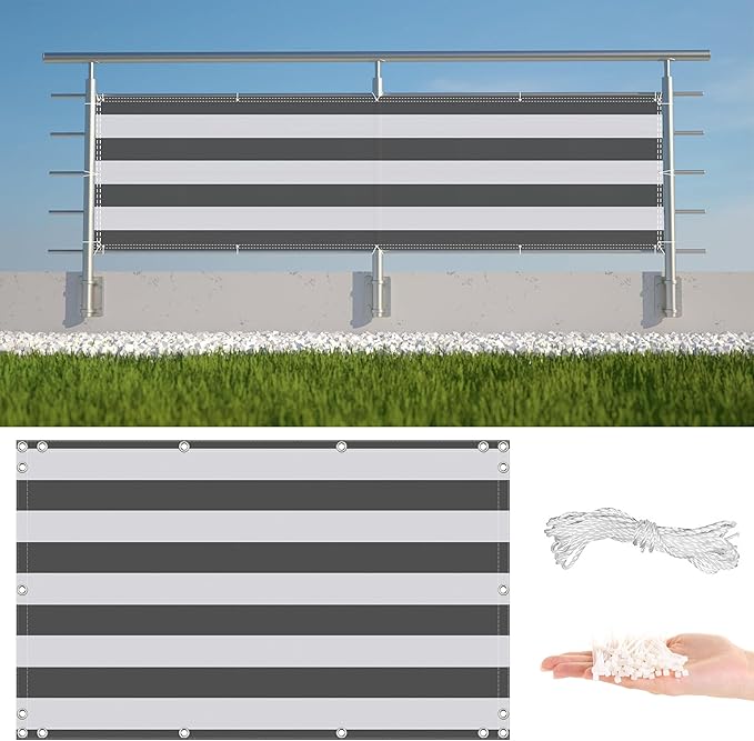 Privacy Fence 2' x 29.5' Privacy Protection Weatherproof Garden Fence, Included Cable Ties Customized Size for Deck Pool Fence Railings Apartment, Gray Stripes
