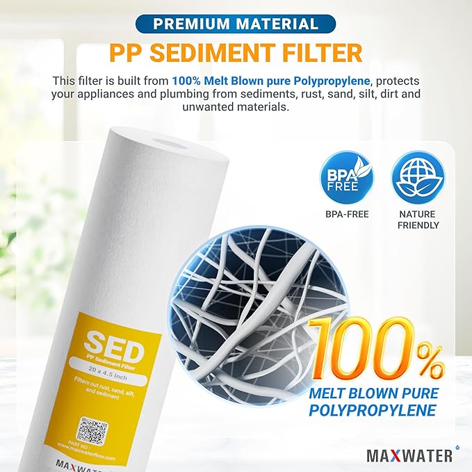 Max Water 1 Micron 20 x 4.5 Sediment Filter - Whole House BB Water Filtration System Replacement Cartridge Compatible with DGD-5005-20, FP25B, SDC-45-2005 (1 Pack)