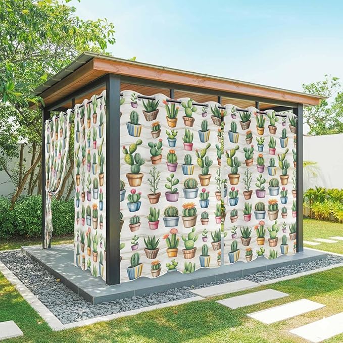 Summer Cactus Outdoor Curtains for Patio Cactus Tropical Plant Wooden Waterproof Outside Curtains with Grommet Top Weatherproof Curtain for Cabana Pergola Gazebo, 2 Pack, 54" W x 84" L