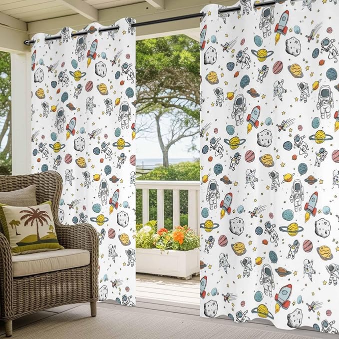 Cartoon Space Outdoor Curtains for Patio Astronauts Spacecraft Rockets Waterproof Outside Curtains with Grommet Top Weatherproof Curtain for Cabana Pergola Gazebo, 2 Pack, 54" W x 108" L