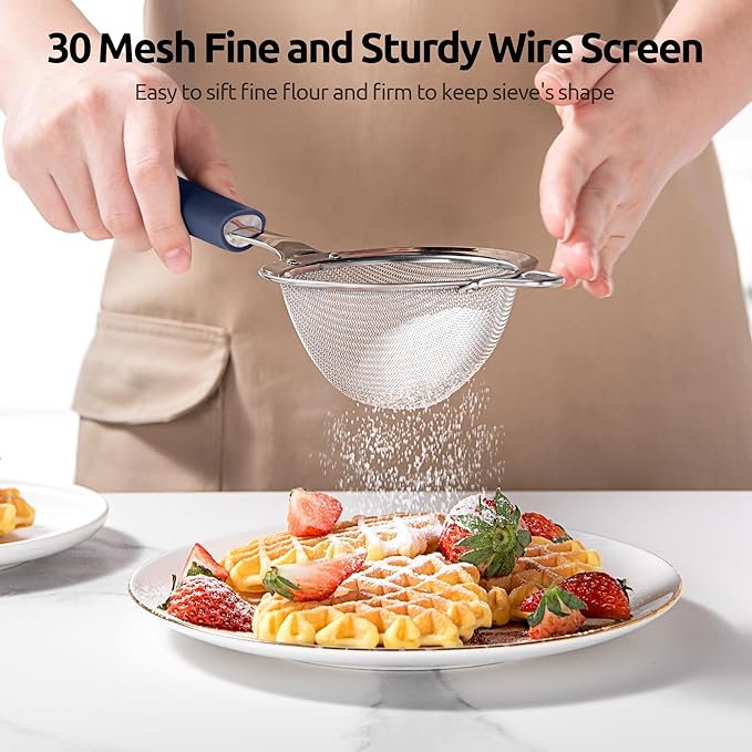 U-Taste Small Fine Mesh Strainer: 18/8 Stainless Steel 3.35in 30 Mesh Kitchen Food Sieve with Sturdy Riveted Silicone Handle, Heavy Duty Deep Handheld Metal Colander for Tea, Juice (Midnight Blue)