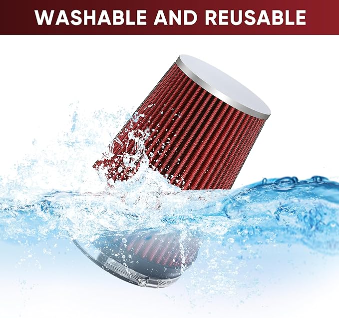 6" 152mm Cold Air Intake Filter Clamp-On Replacement High Flow Inlet Air Filter High Performance Washable Cone Filter 9" Tall Red
