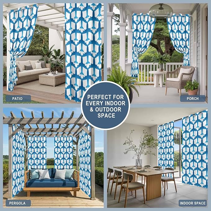 Blue Aircraft Waterproof Outdoor Curtains for Patio, Windproof Weatherproof Curtains with Weighted Hem, Modern Abstract Art Gradient Airplane Light Filtering Privacy Drapes for Porch 54"x 95" 2 Panels